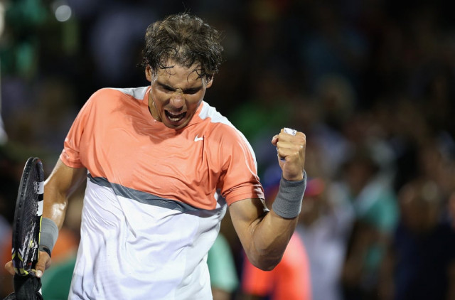 rafael nadal of spain celebrates after his straight sets victory against lleyton hewitt of australia during their second round match during day 6 at the sony open at crandon park tennis center on march 22 2014 in key biscayne florida photo afp rafael nadal of spain celebrates after his straight sets victory against lleyton hewitt of australia during their second round match during day 6 at the sony open at crandon park tennis center on march 22 2014 in key biscayne florida photo afp