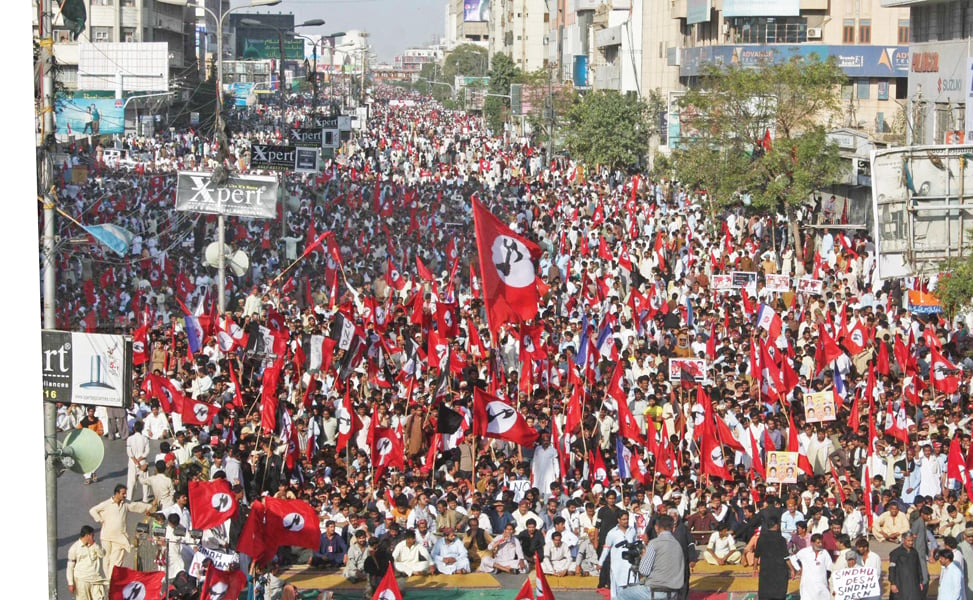 numerous jeay sindh qaumi mahaz supporters gathered at the ma jinnah road for what proved to be the party s biggest ever rally on sunday photo irfan ali express