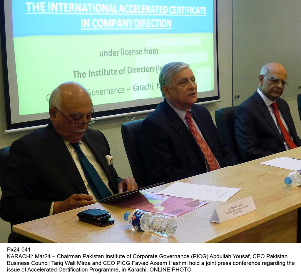 chairman picg abdullah yousuf ceo pakistan business council tariq wali mirza and ceo picg fawad azeem hashmi addressing a joint press conference in karachi photo online