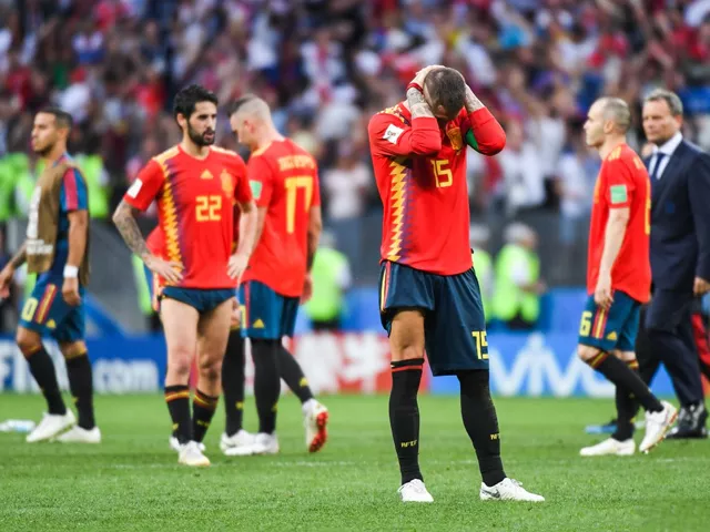 sergio ramos and team of spain look dejected during the fifa world cup round of 26 match between spain and russia at luzhniki stadium on july 1 2018 in moscow russia photo getty sergio ramos and team of spain look dejected during the fifa world cup round of 26 match between spain and russia at luzhniki stadium on july 1 2018 in moscow russia photo getty