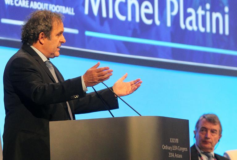 uefa president michel platini speaks at the european federation 039 s congress in the kazakh capital astana on march 27 2014 photo afp