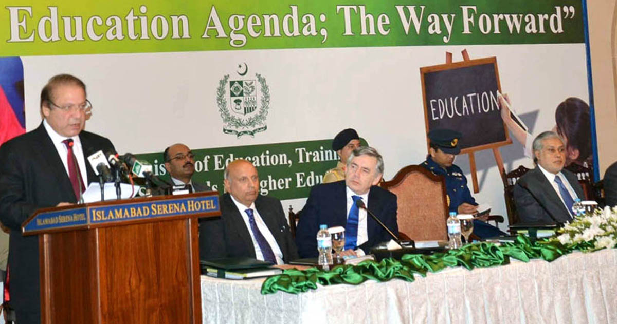 prime minister nawaz sharif addressing the international conference on education in islamabad on saturday with un special envoy for education gordon brown in attendance photo pid