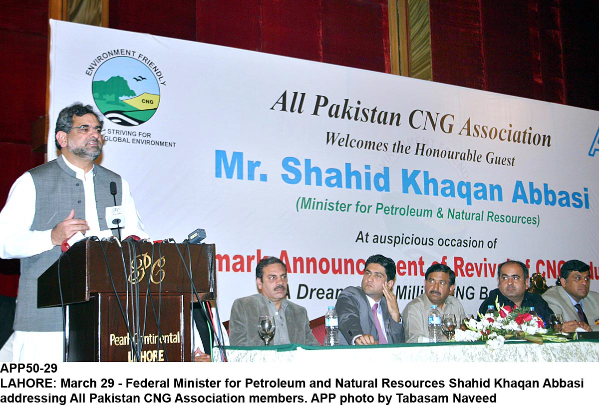 minister for petroleum and natural resources shahid khaqan abbasi addressing the all pakistan cng association in karachi photo app