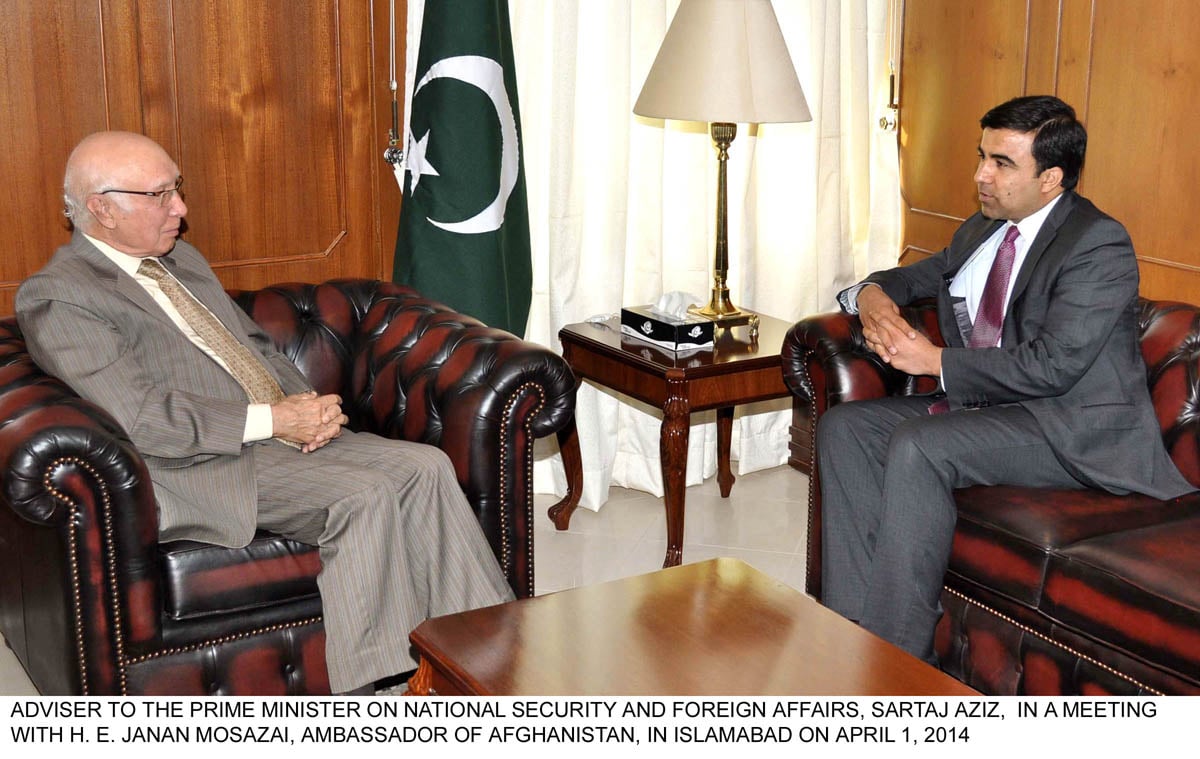 adviser to prime minister for national security and foreign affairs sartaj aziz meets with the new afghan ambassador to pakistan janan mosazai photo pid