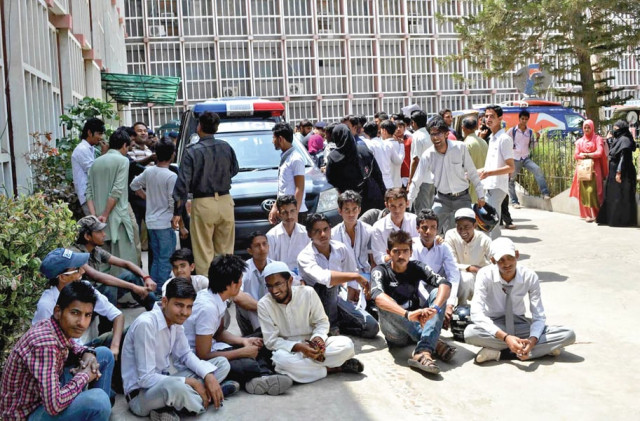 students whose exam forms were not submitted by their schools protest outside the board s premises on wednesday photo muhammad azeem express students whose exam forms were not submitted by their schools protest outside the board s premises on wednesday photo muhammad azeem express
