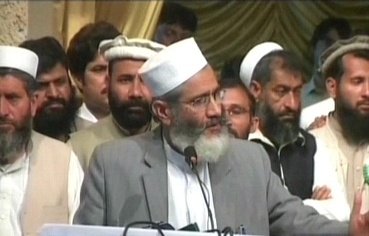 express news screengrab shows sirajul haq addressign a gathering in peshawar on april 3 2014