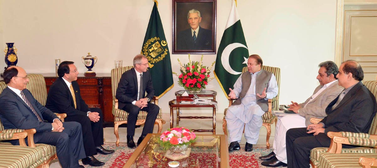 prime minister nawaz sharif in a meeting with a delegation of international telecom investors at pm house islamabad on april 3 2014 photo pid