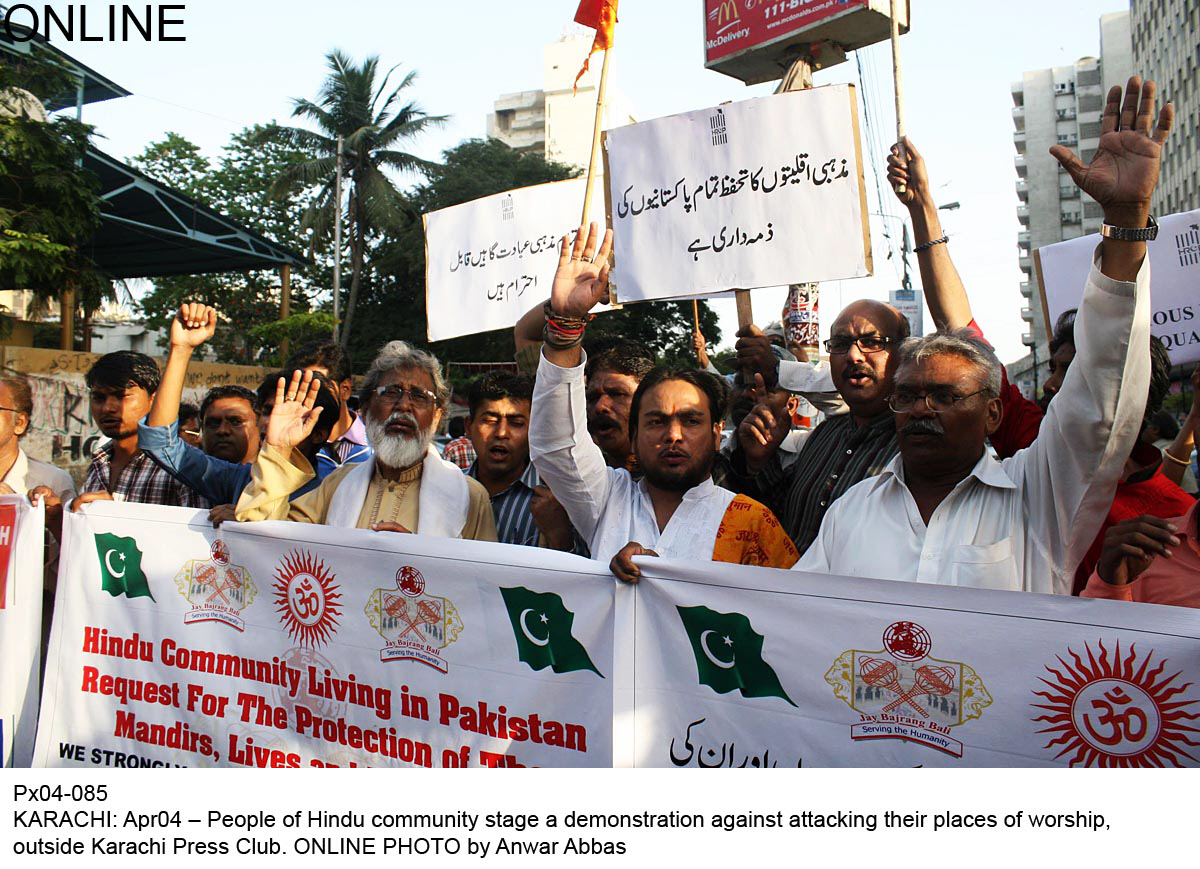 members of hindu community in karachi stage a protest demonstration against the vandalising of temples in hyderabad photo online