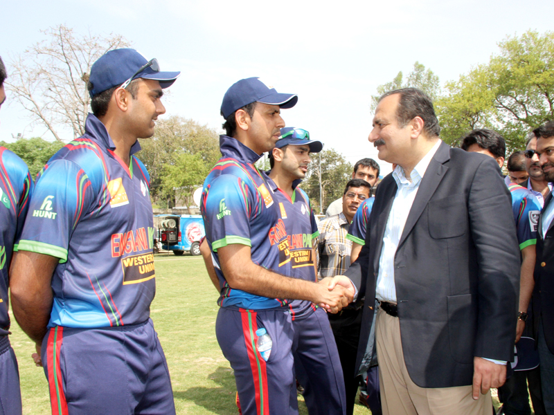 provincial minister for sports rana mashood ahmad khan is being introduced to cricket players from england photo sports board punjab