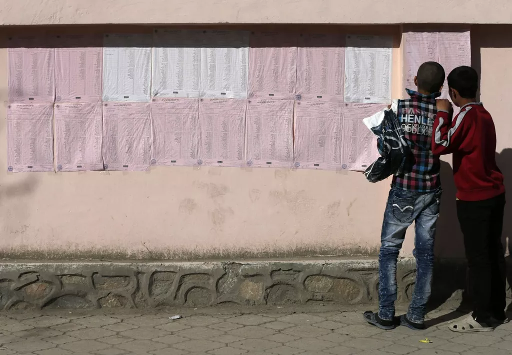 afghan boys look on a preliminary list taped to the wall of a polling station in kabul photo reuters afghan boys look on a preliminary list taped to the wall of a polling station in kabul photo reuters