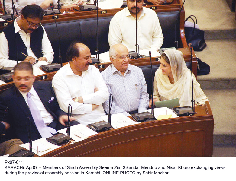 members of sindh assembly nisar khuhro sikandar mandhro and seema zia can be seen exchanging views during the provincial assembly session on monday photo online