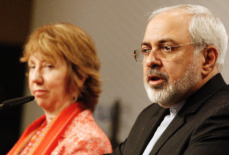 eu foreign policy chief catherine ashton and iranian foreign minister mohammad javad zarif give a press statement on the second day of talks at the un headquarters in vienna austria on april 9 2014 photo afp