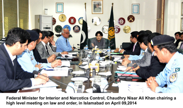 interior minister chaudhry nisar ali khan chairing a high level security meeting in islamabad on wednesday photo pid interior minister chaudhry nisar ali khan chairing a high level security meeting in islamabad on wednesday photo pid