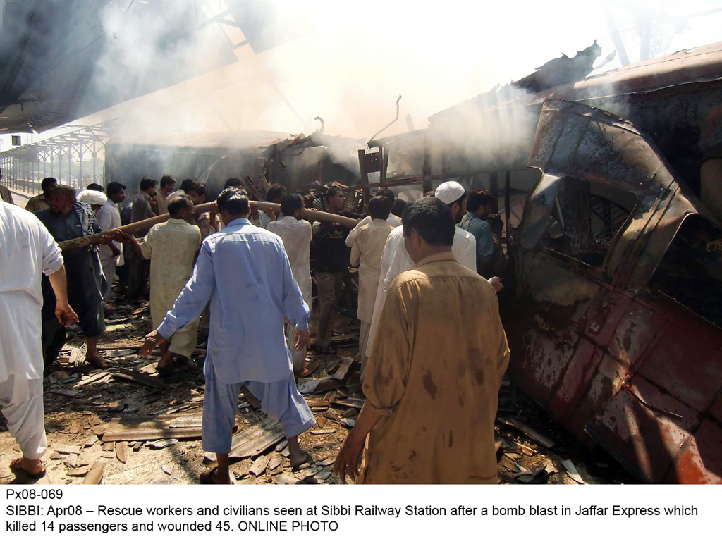 at least 17 people including a woman and five children were killed and nearly four dozen wounded when a passenger train was bombed at sibi railway station on tuesday photo online