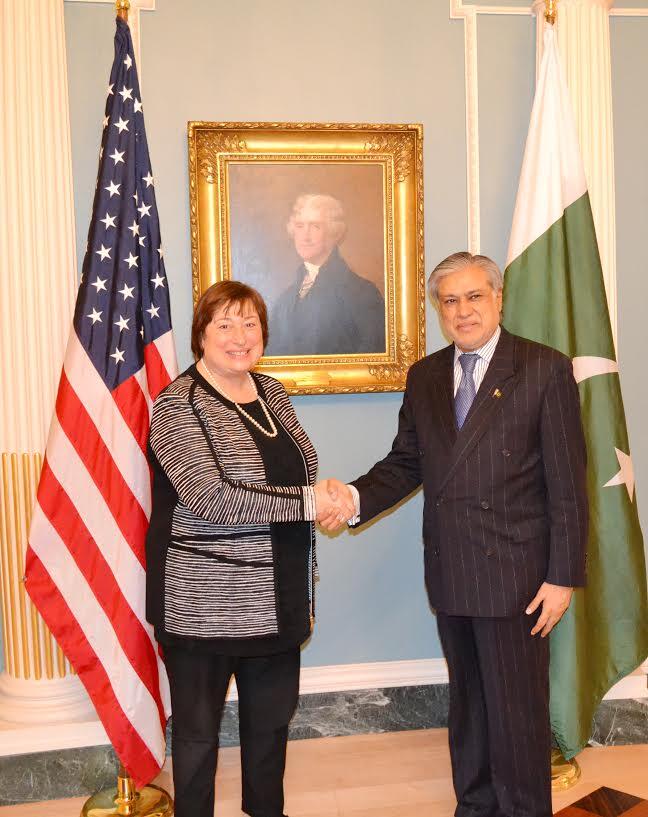 finance minister ishaq dar r shakes hands with the us under secretary of state for economic growth energy and the environment catherine ann novelli ahead of the working group meeting photo pakistan embassy in dc