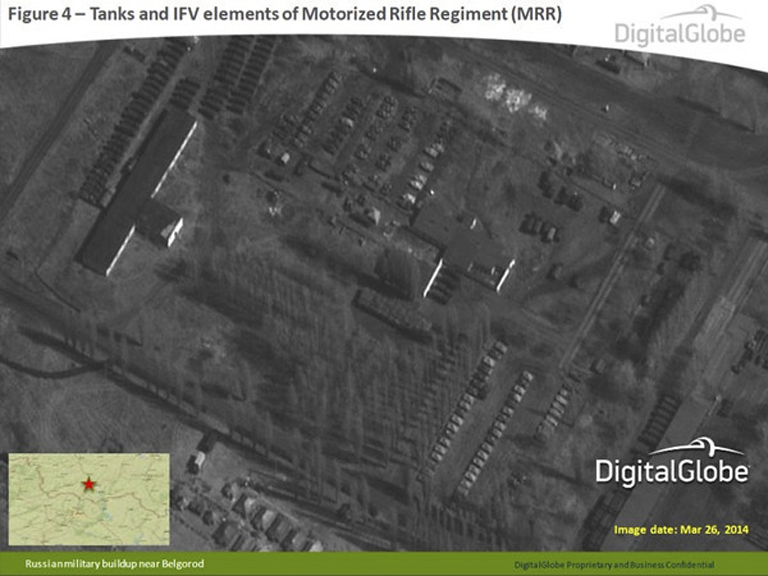 a satellite image provided to reuters by supreme headquarters allied powers europe shape on april 10 2014 and taken by digitalglobe on march 26 2014 shows what is reported by shape to be russian tanks and ifv elements of motorized rifle regiment at a military base near belgorod southern russia photo reuters