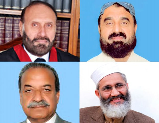 top left justice mazhar alam miankhel top right maulana lutfur rehman bottom left sardar mehtab khan abbasi and bottom right sirajul haq photo file top left justice mazhar alam miankhel top right maulana lutfur rehman bottom left sardar mehtab khan abbasi and bottom right sirajul haq photo file