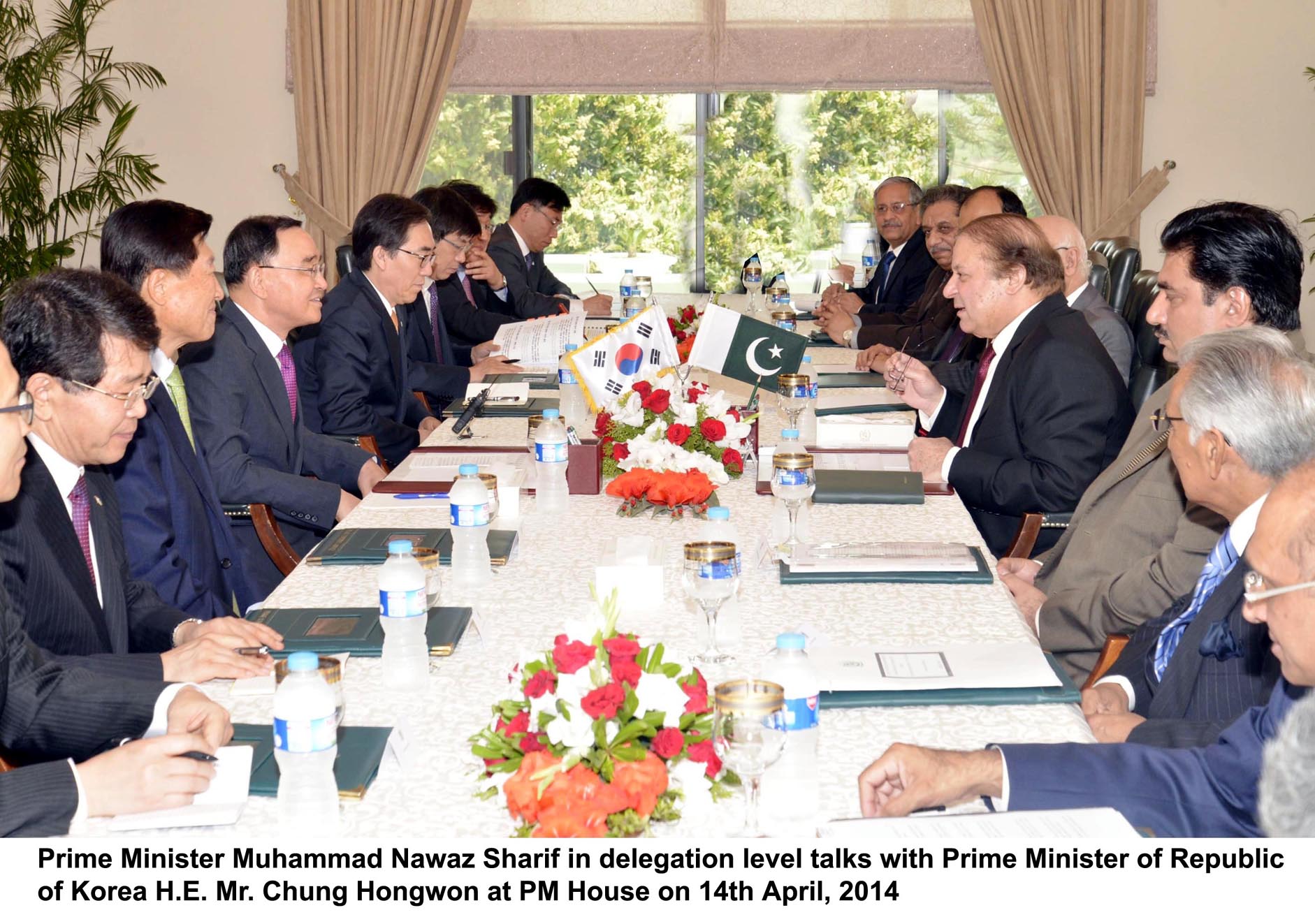 prime minister nawaz sharif in a delegation level talks with south korean prime minister chung hongwon at pm house on april 14 2014 photo pid