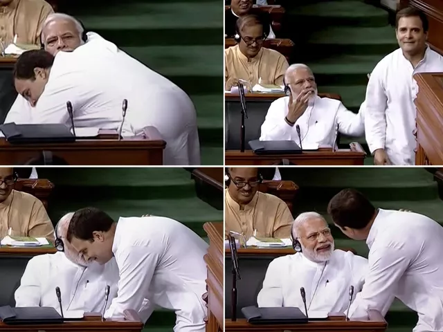 congress president rahul gandhi on friday surprised the lok sabha when he walked across to the treasury benches and hugged prime minister narendra modi photo pti congress president rahul gandhi on friday surprised the lok sabha when he walked across to the treasury benches and hugged prime minister narendra modi photo pti