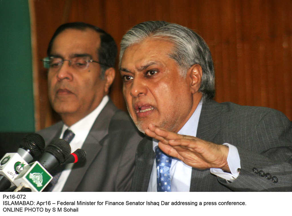 finance minister ishaq dar addressing a press conference in islamabad on april 16 2014 photo online