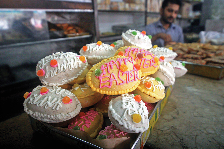 a baker in saddar shows easter eggs on sale for the upcoming holiday on sunday these holiday themed desserts range between rs10 and rs160 photo athar khan express