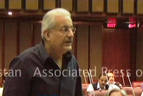 an express news screengrab of raza rabbani speaking during the senate session