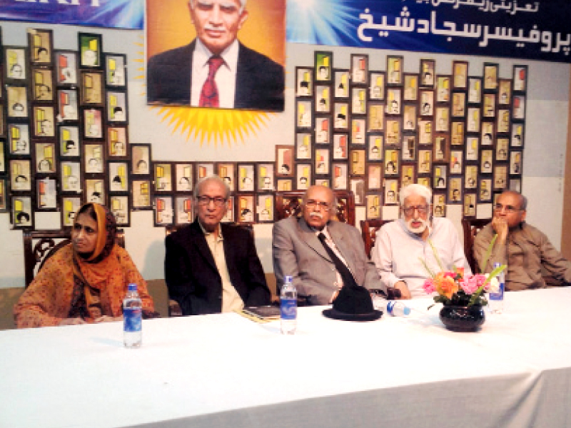 mrs sajjad shaikh prof aftab iqbal shamim ashfaq saleem mirza prof sajjad haider malik and jalil aali at the reference at pal on friday photo tariq masood file