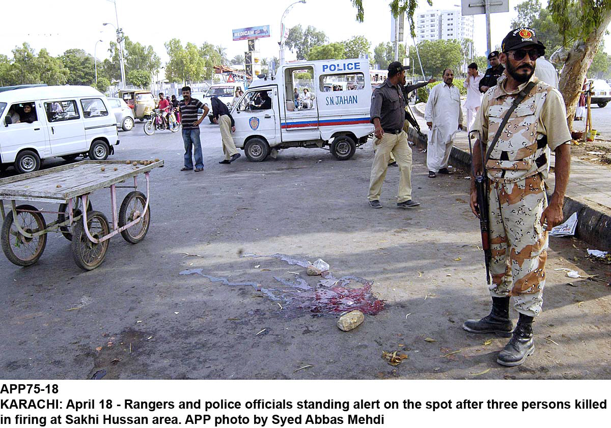 police and rangers officials gather at the spot of target killing near sakhihasan in karachi on friday photo app