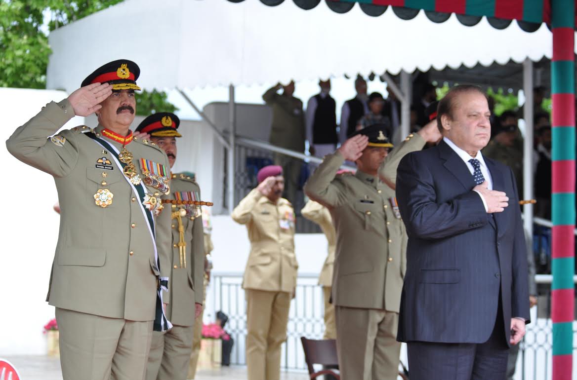prime minister nawaz sharif and chief of army staff general raheel sharif saluting the national flag at 129th pma 48th integrated course and 3rd mujahid course passing out parade held at pakistan military academy kakul on saturday photo ispr