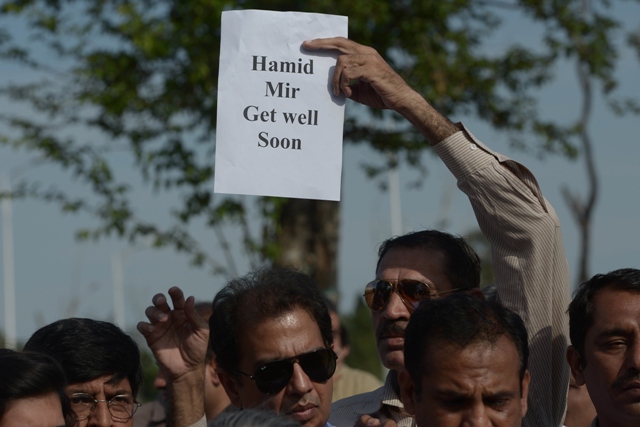 media representatives in islamabad protest against the attack on hamid mir photo afp