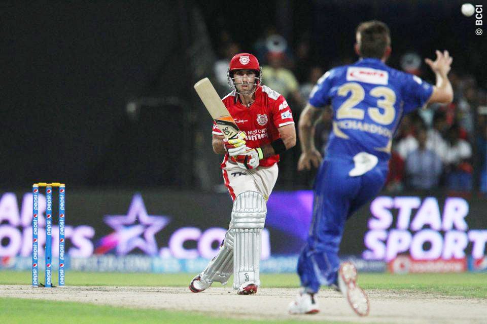 glenn maxwell of the kings x1 punjab plays the ball straight back to kane richardson of the rajatshan royals during match 7 of the pepsi indian premier league 2014 between the rajasthan royals and the kings xi punjab held at the sharjah cricket stadium sharjah united arab emirates on the 20th april 2014 photo bcci