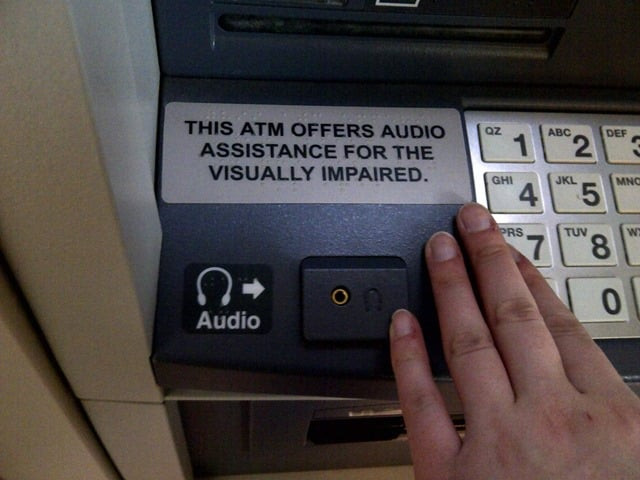 the service requires the user insert an audio jack into the atm to listen to the voiceover for each and every action photo courtesy propakistani the service requires the user insert an audio jack into the atm to listen to the voiceover for each and every action photo courtesy propakistani