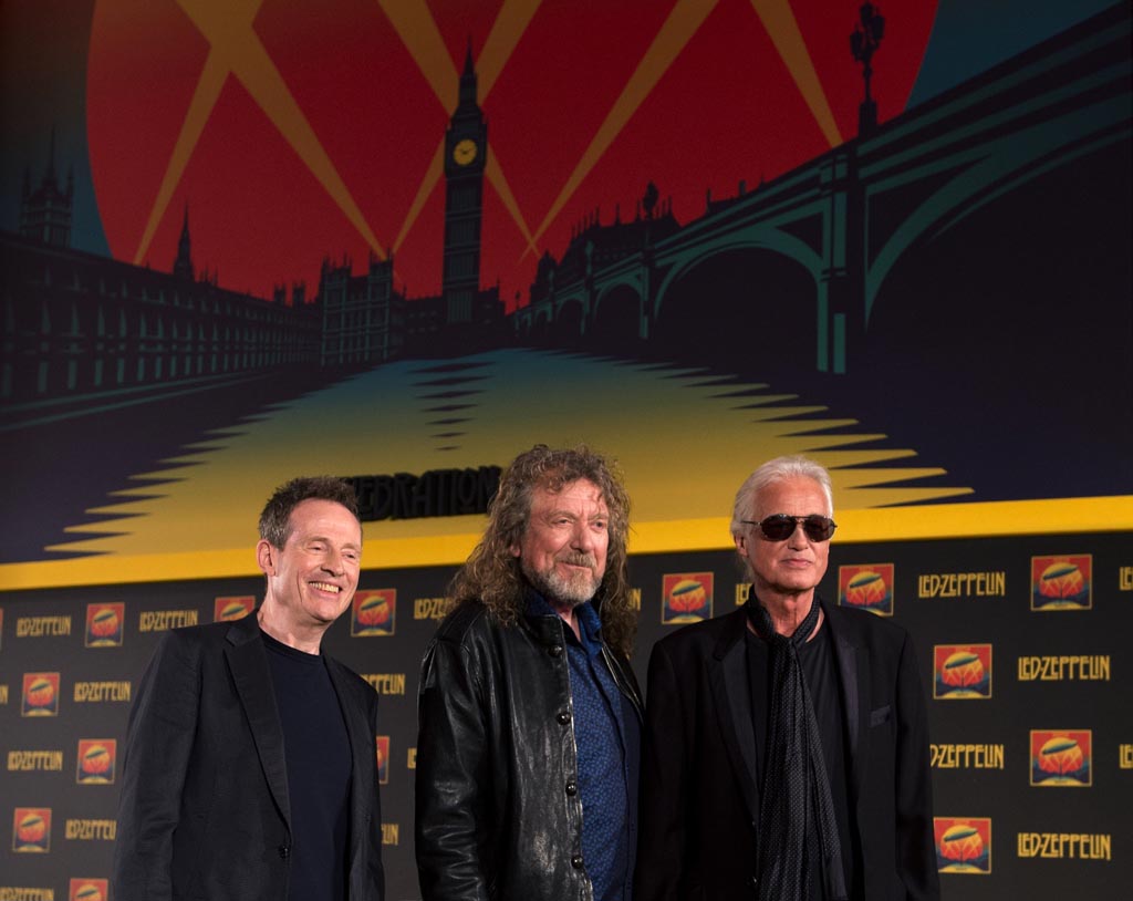 in this file picture taken on september 21 2012 british rock band led zeppelin 039 s l r john paul jones robert plant and jimmy page pose at a press conference to announce the release of a video recording of their one off 2007 concert in london photo afp