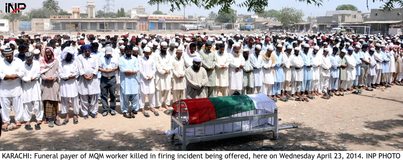 funeral prayers of an mqm worker being offered on wednesday photo inp