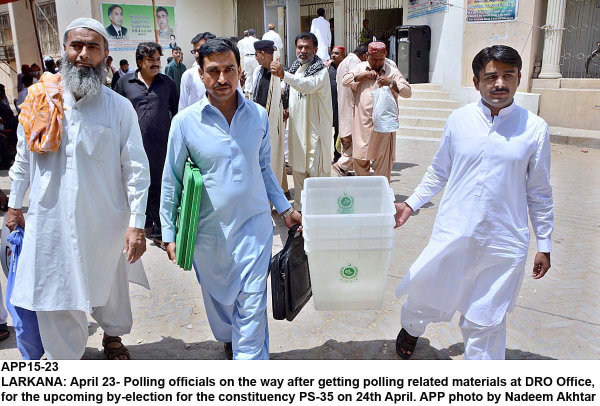 election commission officials transport election material ahead of the by polls scheduled for ps 35 on thursday photo app