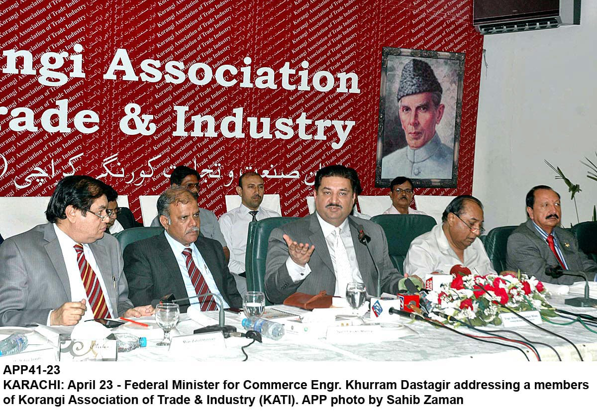 federal minister for commerce khurram dastgir a meeting of korangi association of trade and industry kati on wednesday photo app