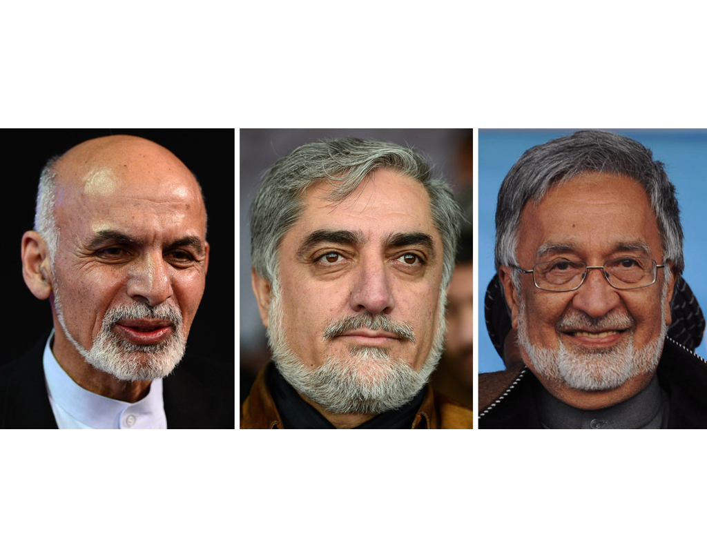 dr abdullah abdullah c in the lead with 43 8 per cent his close rival dr ashraf ghani ahmadzai l in 2nd place with 32 9 per cent and zalmai rassoul r with 11 1 per cent votes photo afp