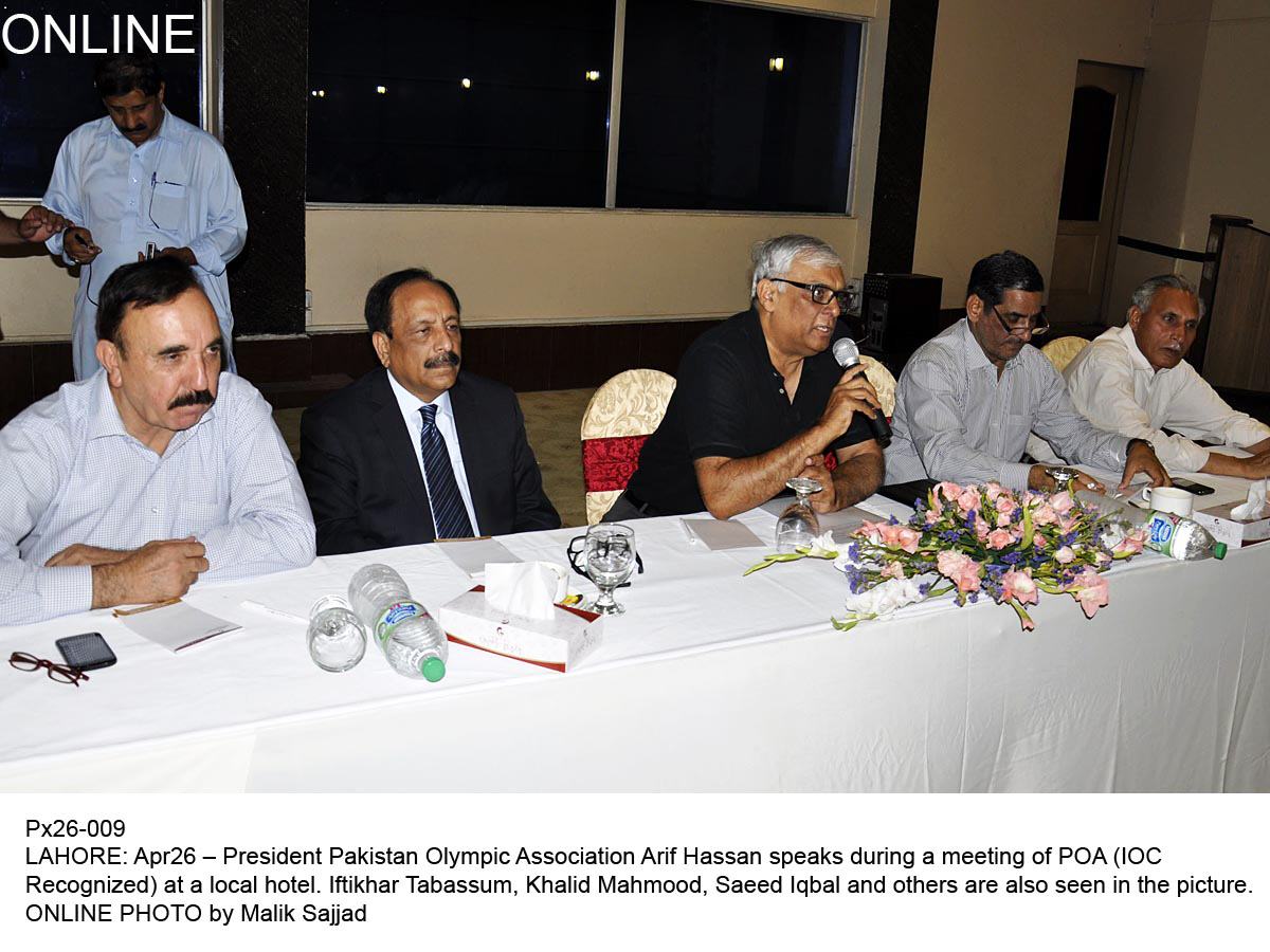 pakistan olympic association president arif hassan speaks during a meeting of the association in lahore on saturday photo online