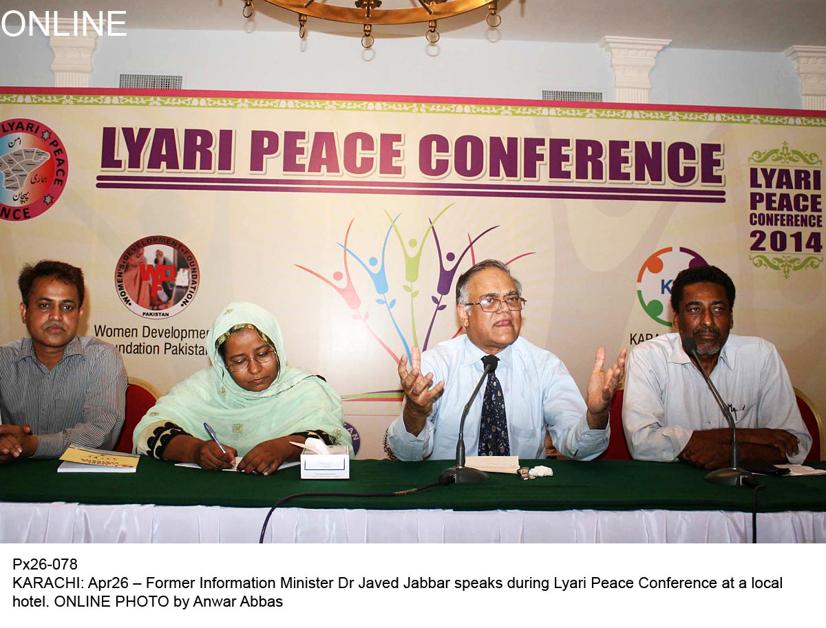 dr javed jabbar addresses the audience during the lyari peace conference on saturday photo online