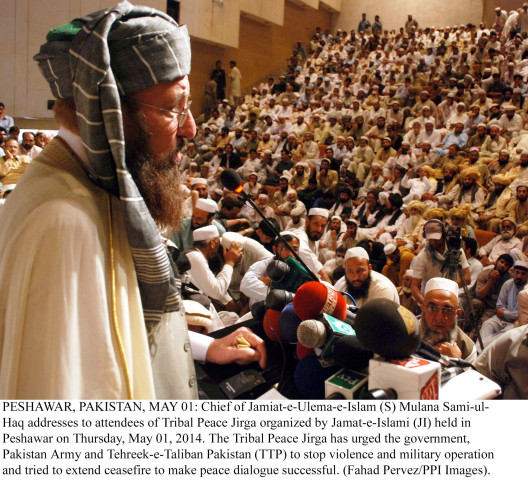 jui s chief maulana samiul haq addresses the attendees of tribal peace jirga organised by the jamat e islami ji in peshawar on may 1 2014 jui s chief maulana samiul haq addresses the attendees of tribal peace jirga organised by the jamat e islami ji in peshawar on may 1 2014