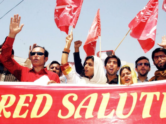 activists and unionists hold banners and chant slogans to mark international labour day photo abid nawaz express inp activists and unionists hold banners and chant slogans to mark international labour day photo abid nawaz express inp