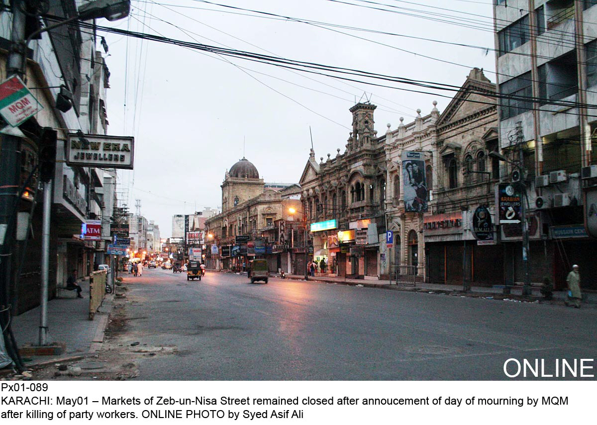 the usually busy zaibunissa street market in saddar wears a deserted look on thursday evening and not because the shops gave their workers off for labour day photo online