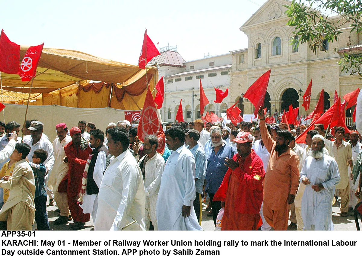 members of the railway workers union stage a rally on labour day outside the cantonment railway station in karachi on thursday photo app members of the railway workers union stage a rally on labour day outside the cantonment railway station in karachi on thursday photo app