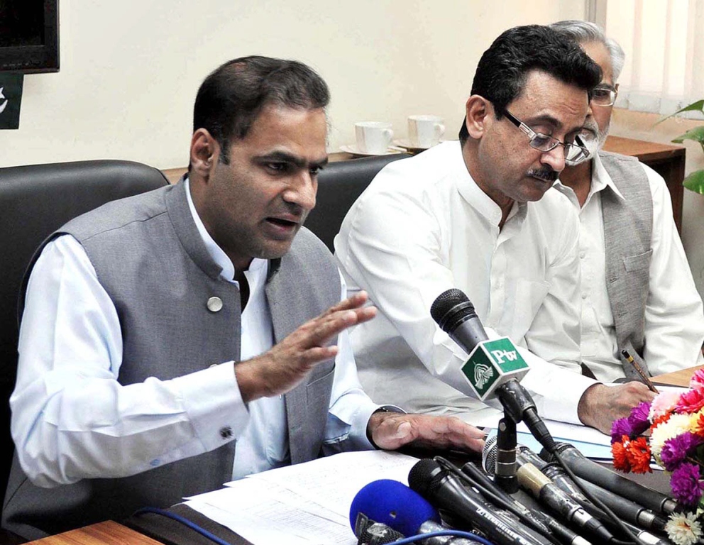 water and power minister abid sher ali addressing a press conference photo app