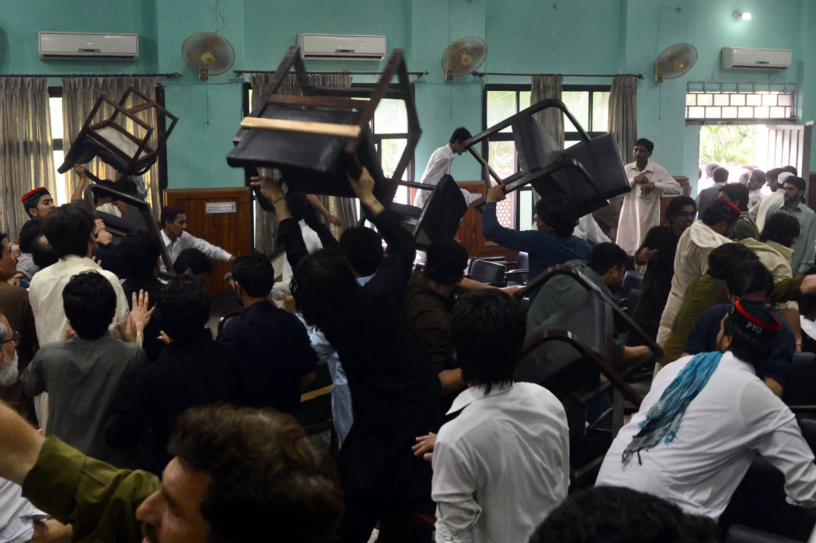 the situation reportedly spun out of control when some of the workers did not allow the party s provincial president khanzada khan to deliver a speech on stage in zubair mir hall photo express the situation reportedly spun out of control when some of the workers did not allow the party s provincial president khanzada khan to deliver a speech on stage in zubair mir hall photo express