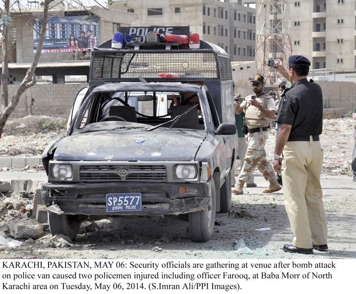 the bomb blast took place when a police van from the khwaja ajmer nagri police station was on duty near the police post in baba morr north karachi the policemen were doing a routine snap checks when the bomb exploded and left the men injured photo online
