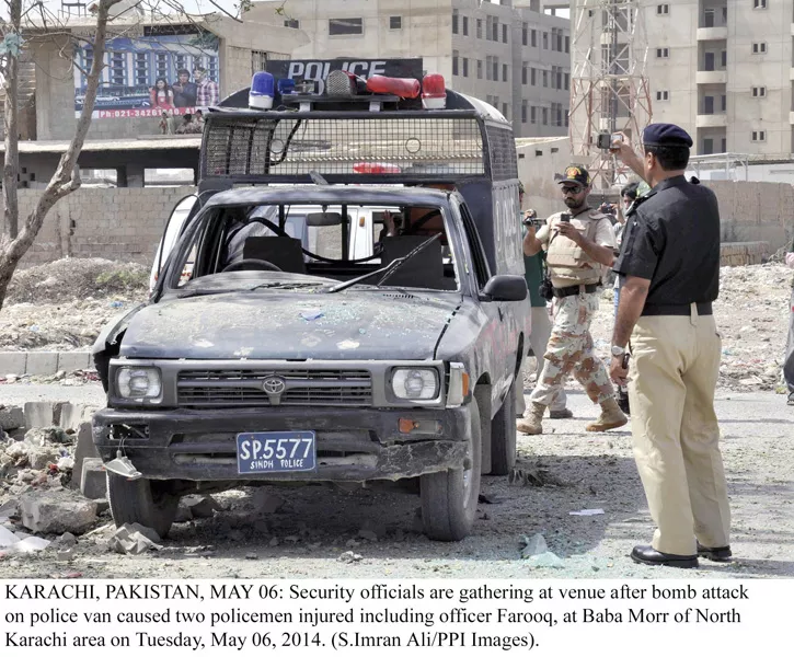 the bomb blast took place when a police van from the khwaja ajmer nagri police station was on duty near the police post in baba morr north karachi the policemen were doing a routine snap checks when the bomb exploded and left the men injured photo online the bomb blast took place when a police van from the khwaja ajmer nagri police station was on duty near the police post in baba morr north karachi the policemen were doing a routine snap checks when the bomb exploded and left the men injured photo online