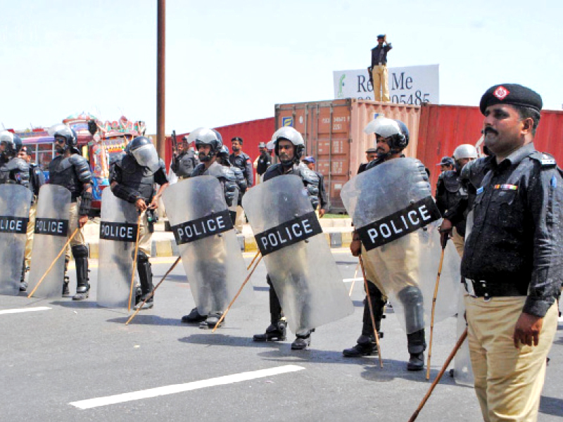 the police personnel clad in riot gear far outnumbered the protesters near bilawal house photo nni