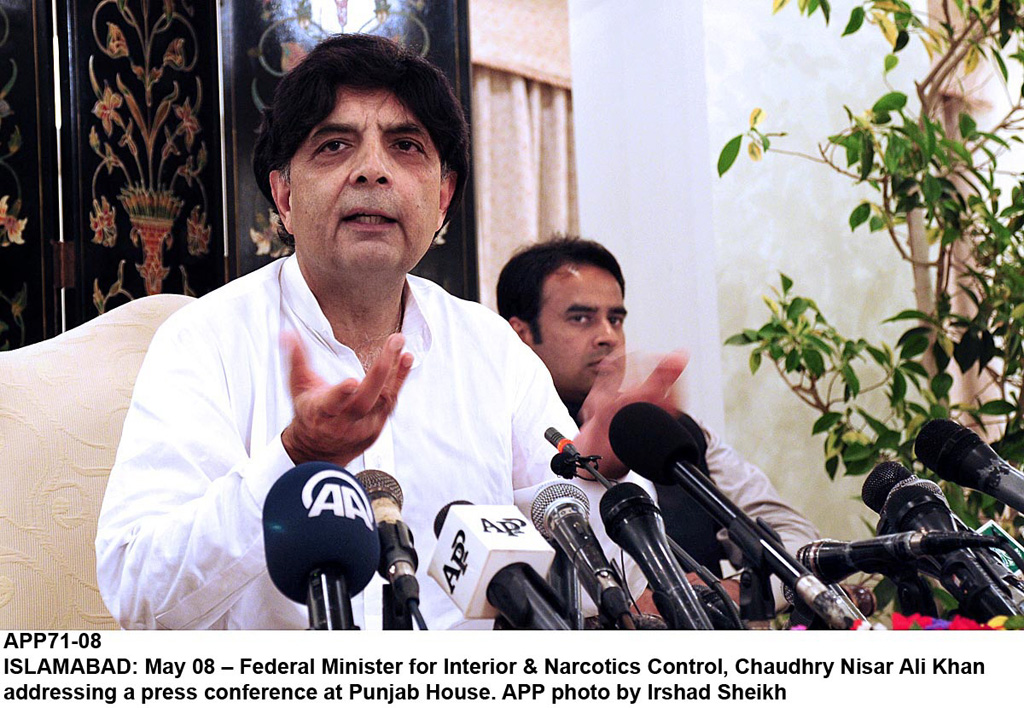 interior minister chaudhry nisar ali khan addressing a press conference at punjab house photo app