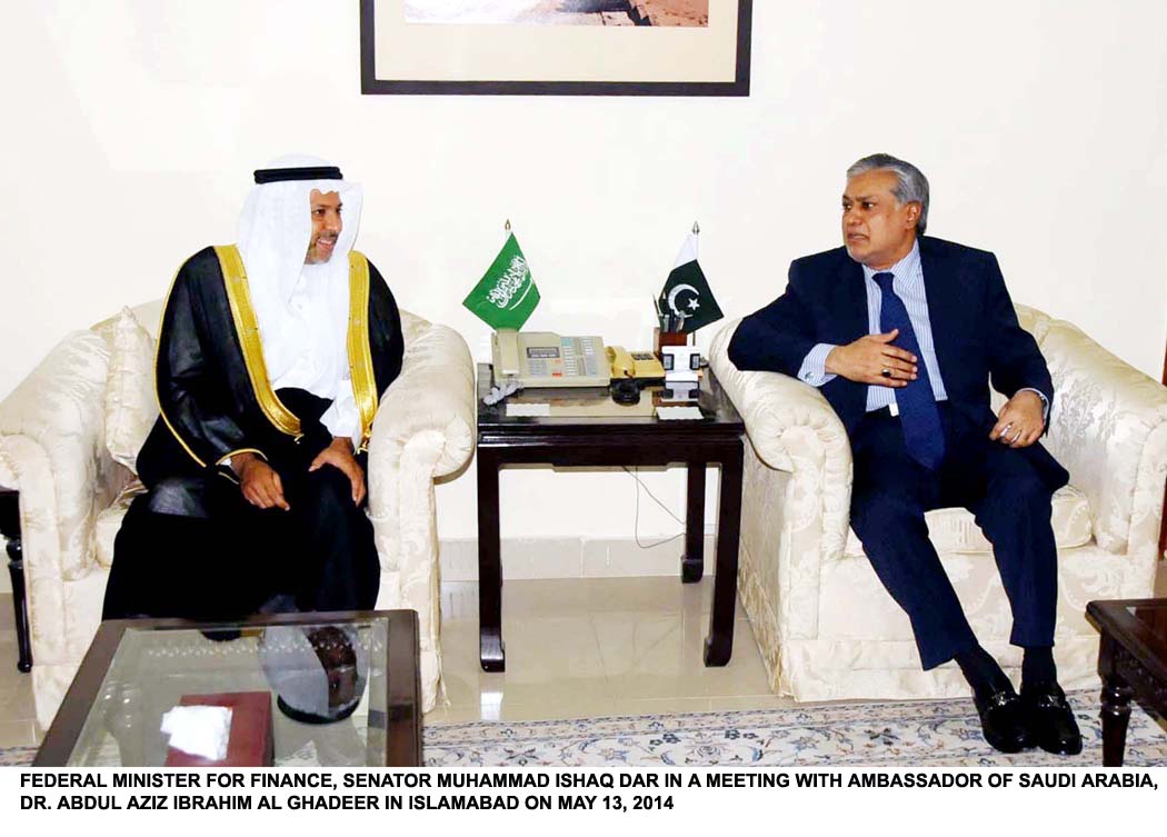 finance minister ishaq dar in a meeting with saudi arabia ambassador dr abdul aziz al ghadeer in islamabad on may 13 2014 photo pid